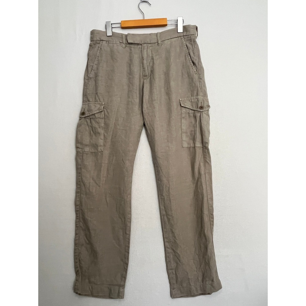 John Varvatos USA Mens 31 Khaki 100% Linen Cargo Pants Tan Utility